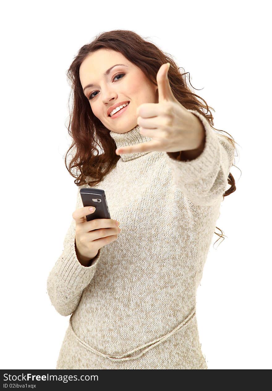 Woman on phone isolated on white background