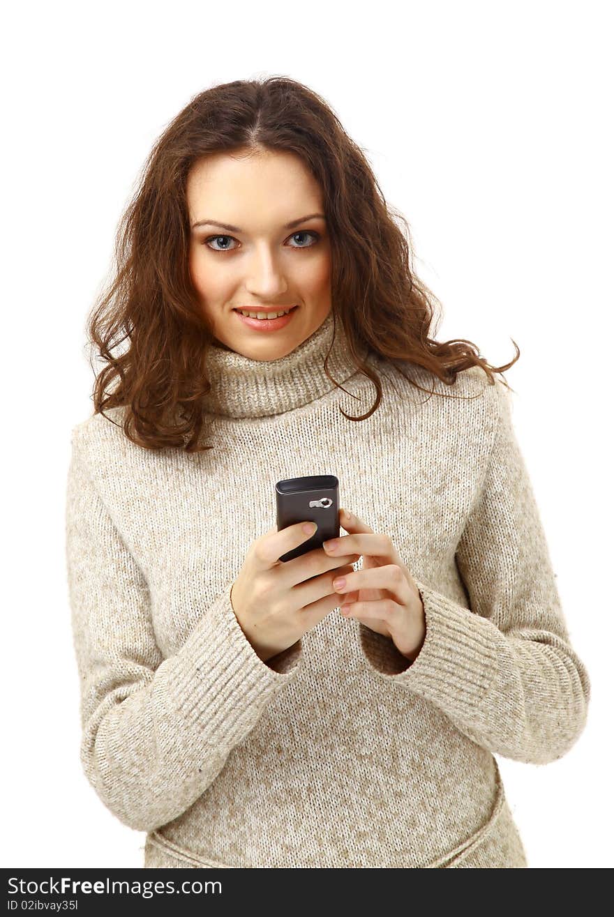 Woman on phone isolated on white background