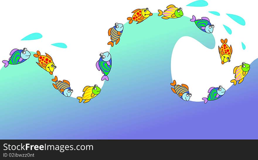 Playing fishes play with waves illustrated image