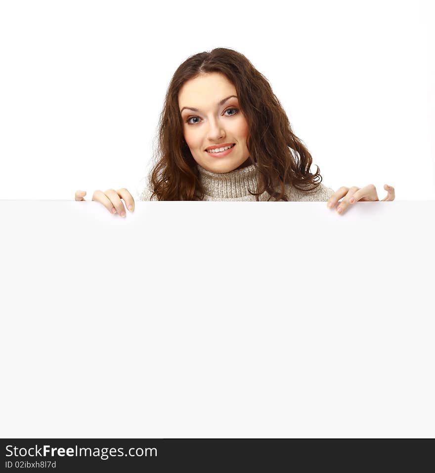 Closeup portrait of a young business woman with billboard isolated on white background