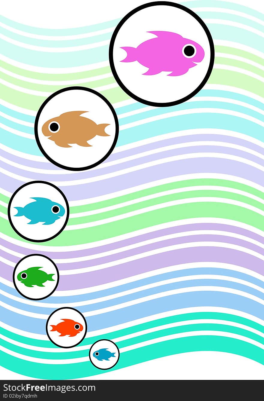 Fishes in bubbles line art background design