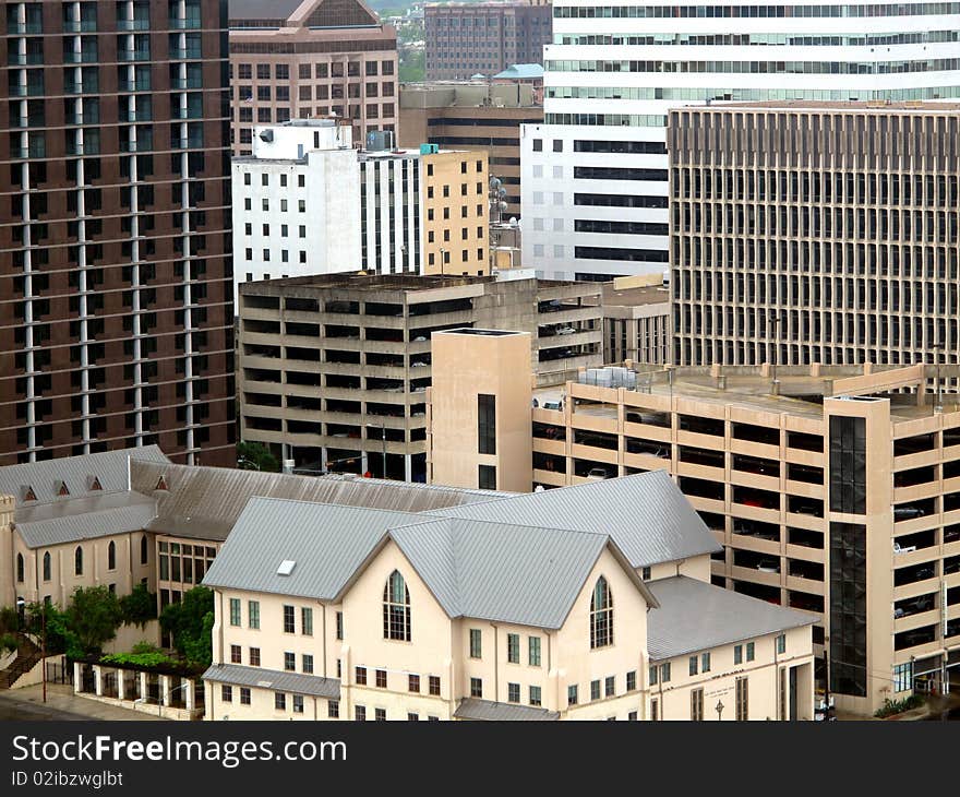 Office buildings in a big town view from above