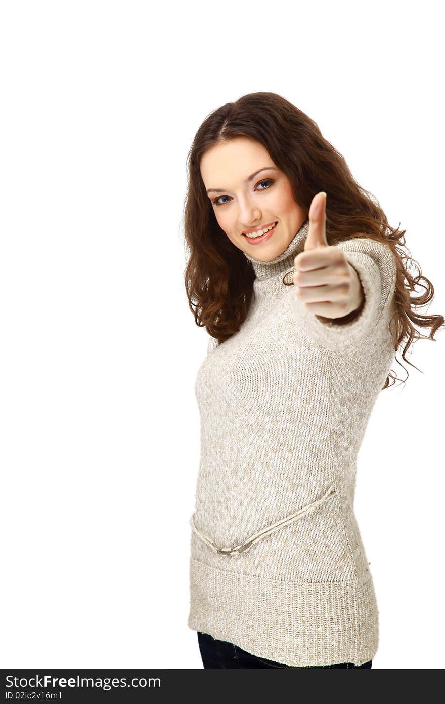 Woman smiling with her thumbs up - isolated on white background