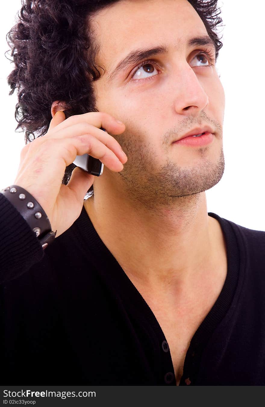 Close up portrait of a young man on the phone, isolated on white background