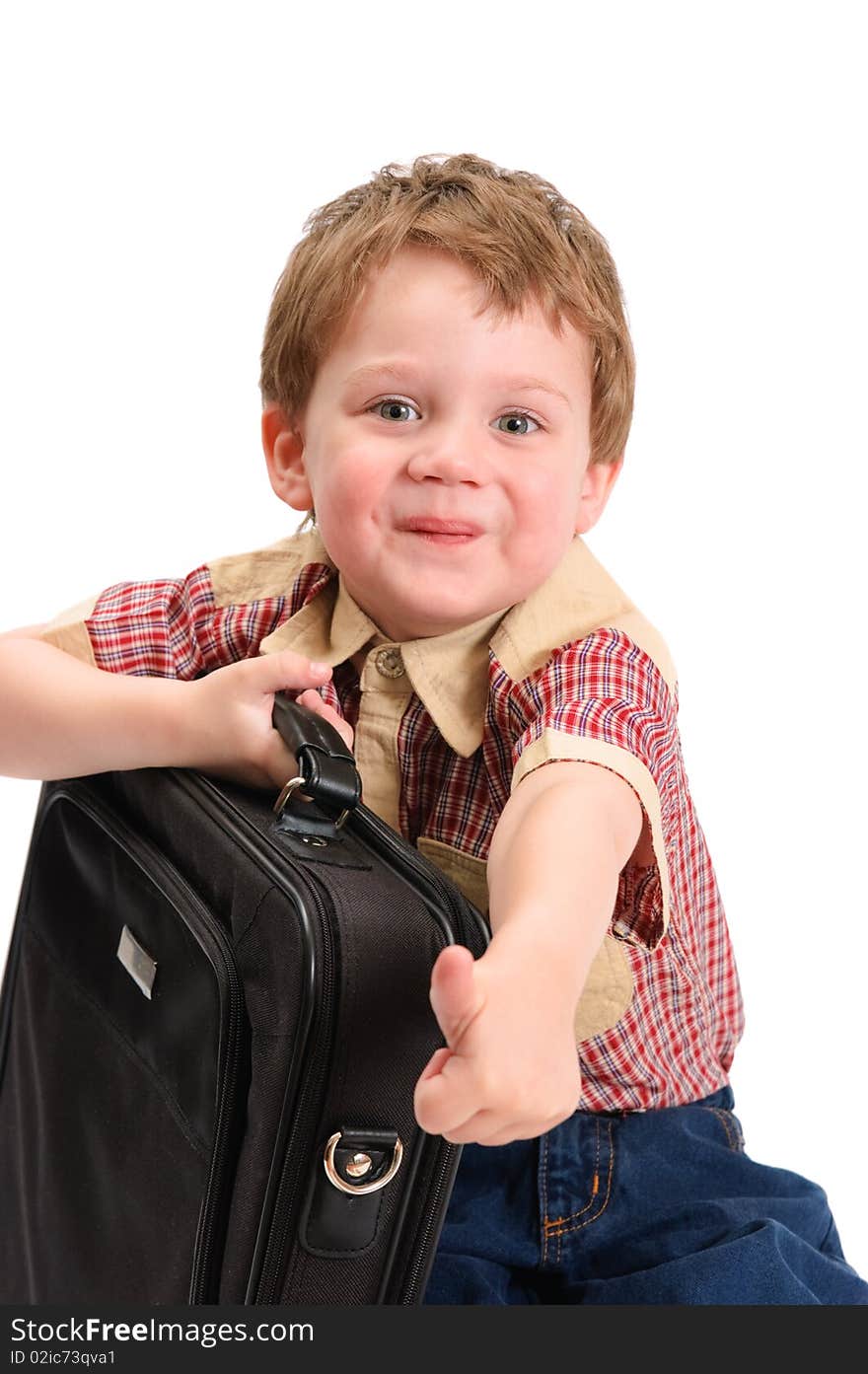 The little boy with a case on white