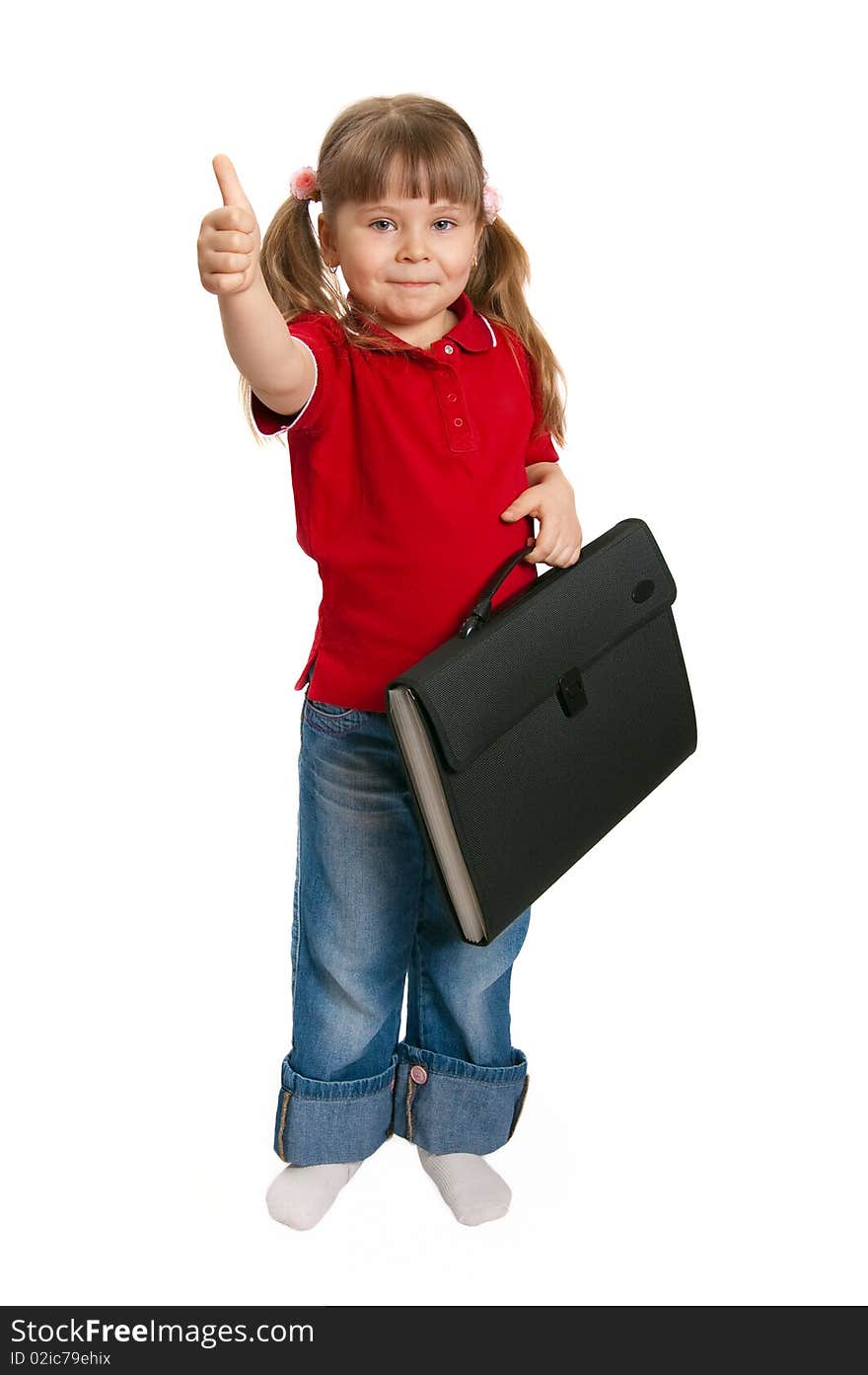 Little girl with a case on white