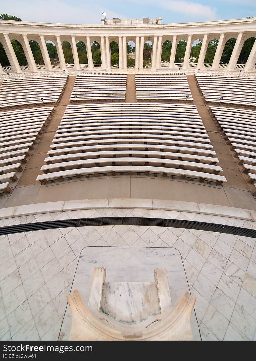 Memorial Amphitheater at Arlington National Cemetery. The Marble columns surround the theater. Used for memorial services to honor the fallen soldiers of the U.S.A. armed forces.