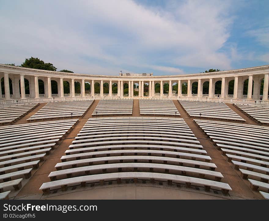 Memorial Amphitheater at Arlington National Cemetery. The Marble columns surround the theater. Used for memorial services to honor the fallen soldiers of the U.S.A. armed forces.