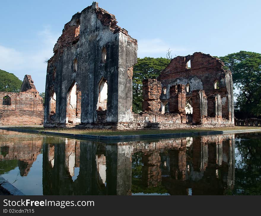 Lopburi historic buildings on clear sky reflected water. Lopburi historic buildings on clear sky reflected water.