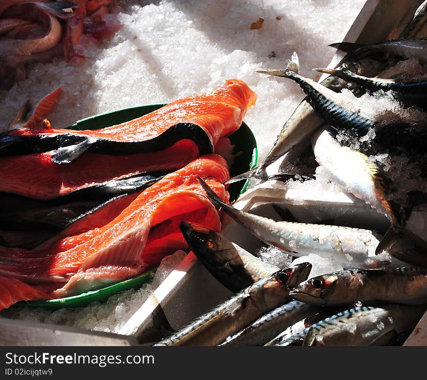 Salmon on display at market fish, Paris. Salmon on display at market fish, Paris