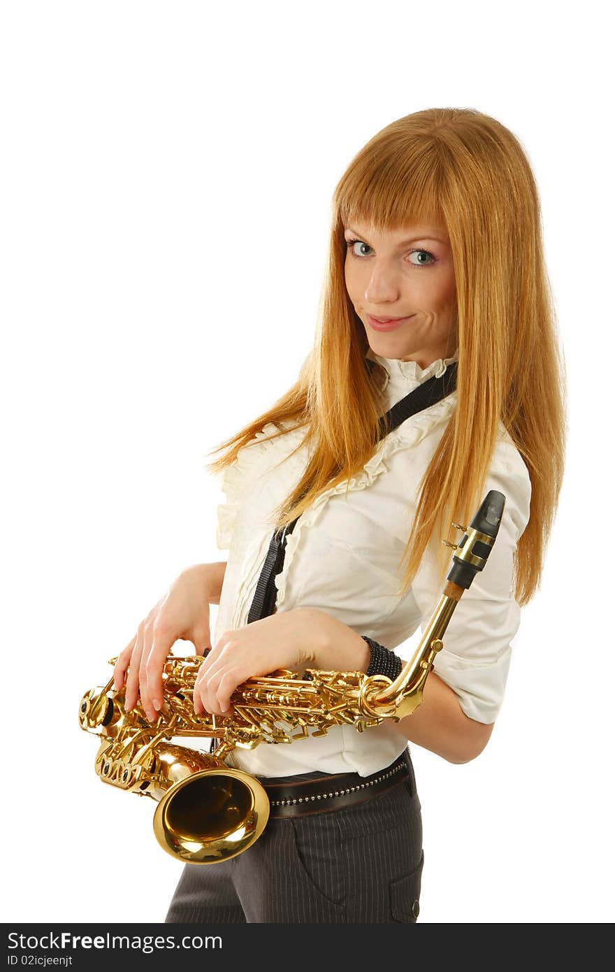 Young woman with saxophone. isolated background