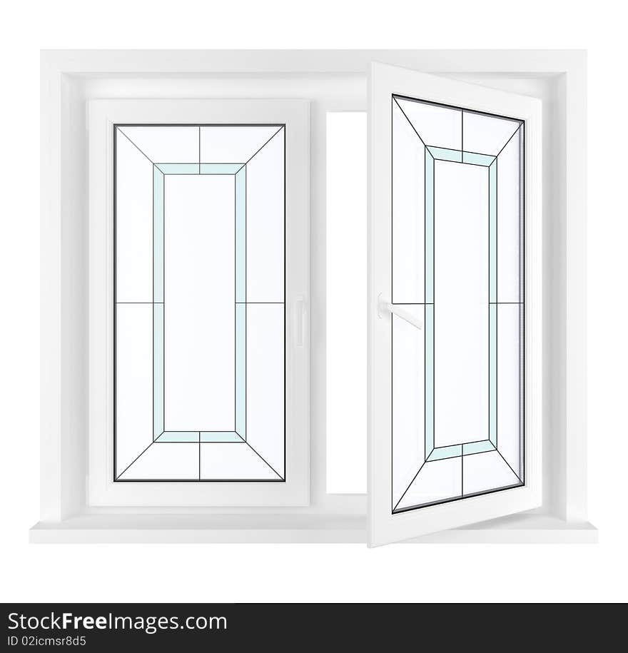 New half opened plastic glass window frame isolated on white background. 3d render. New half opened plastic glass window frame isolated on white background. 3d render.