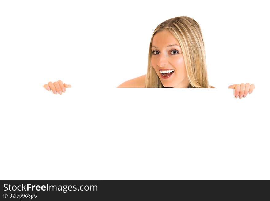 Woman peeping from white board. Woman peeping from white board