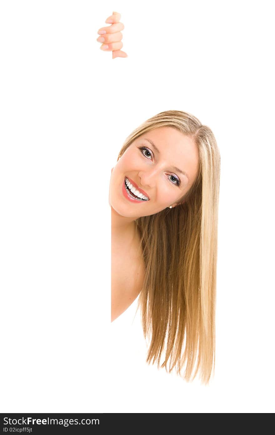 Woman peeping from white board. Woman peeping from white board