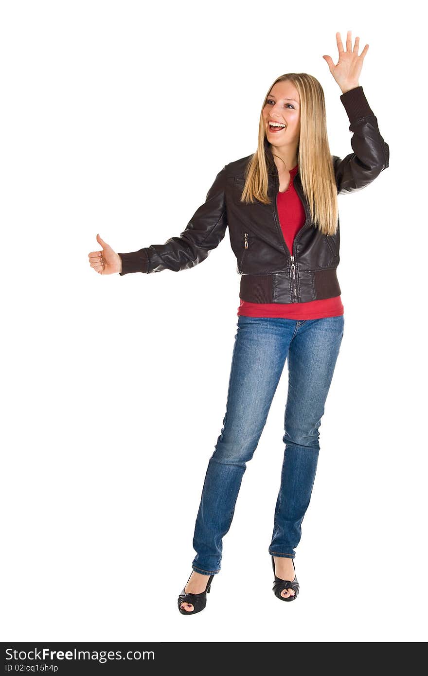 Woman in leather jacket waving and hitchhiking