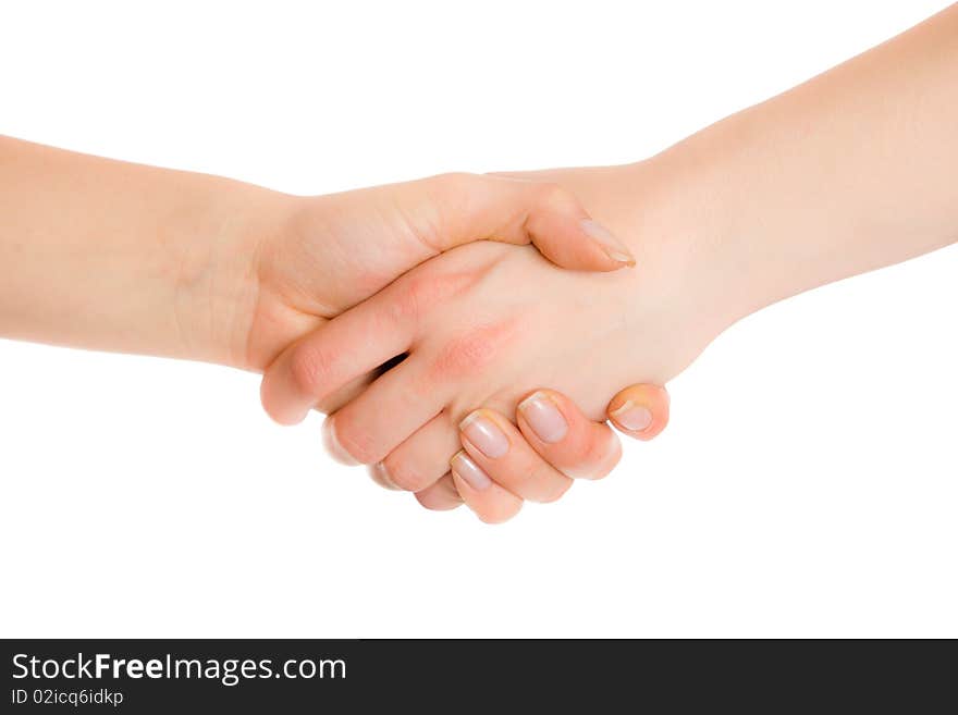 Women hands handshake on white background