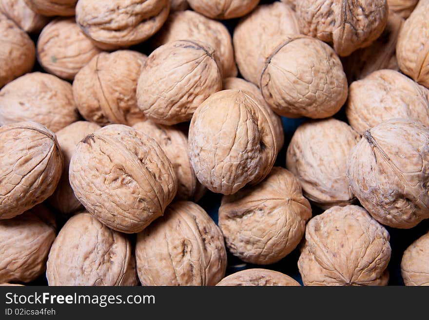 Dry brown different walnuts closeup