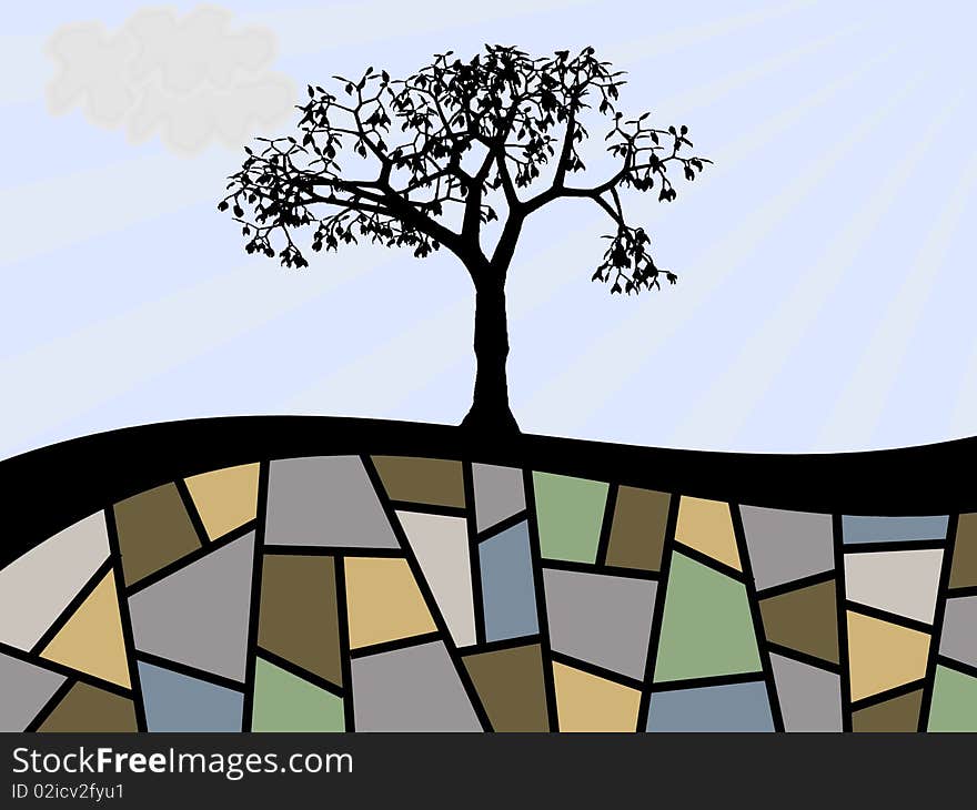 Illustration of abstract black tree and abstract fields. Illustration of abstract black tree and abstract fields