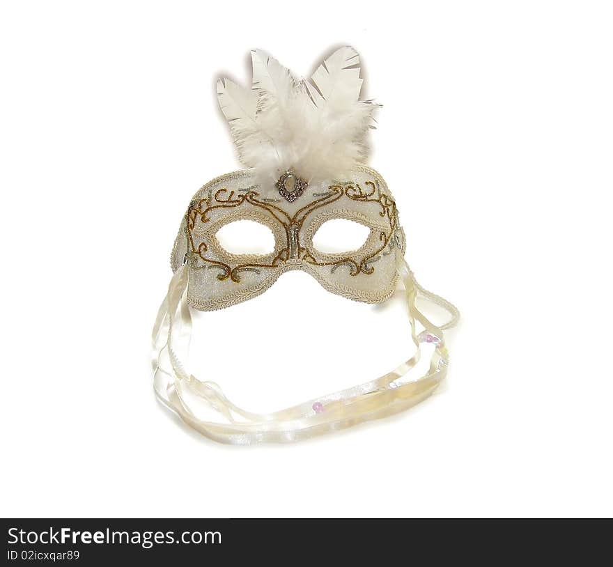 White Carnival Mask with black feathers. Isolated on white