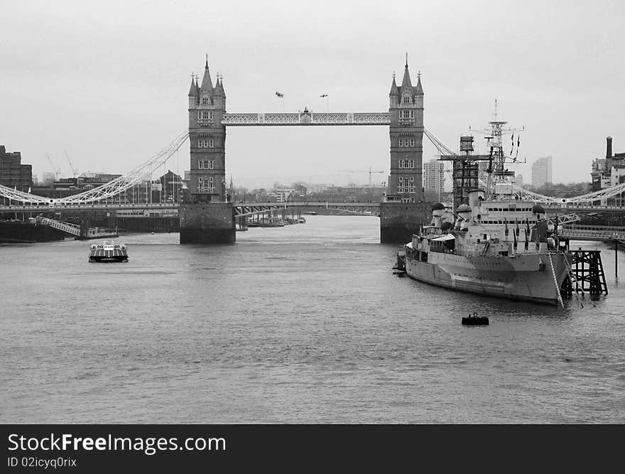 London's Tower bridge and surrounding areas (including war ship HMS Belfast).