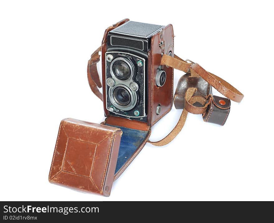 A Vintage medium format camera isolated against a white background