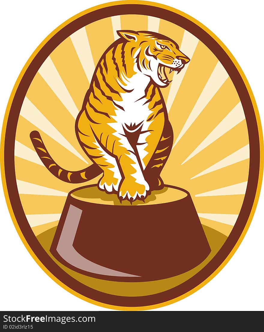 Illustration of a Angry tiger sitting on top of plinth set inside an oval with sunburst