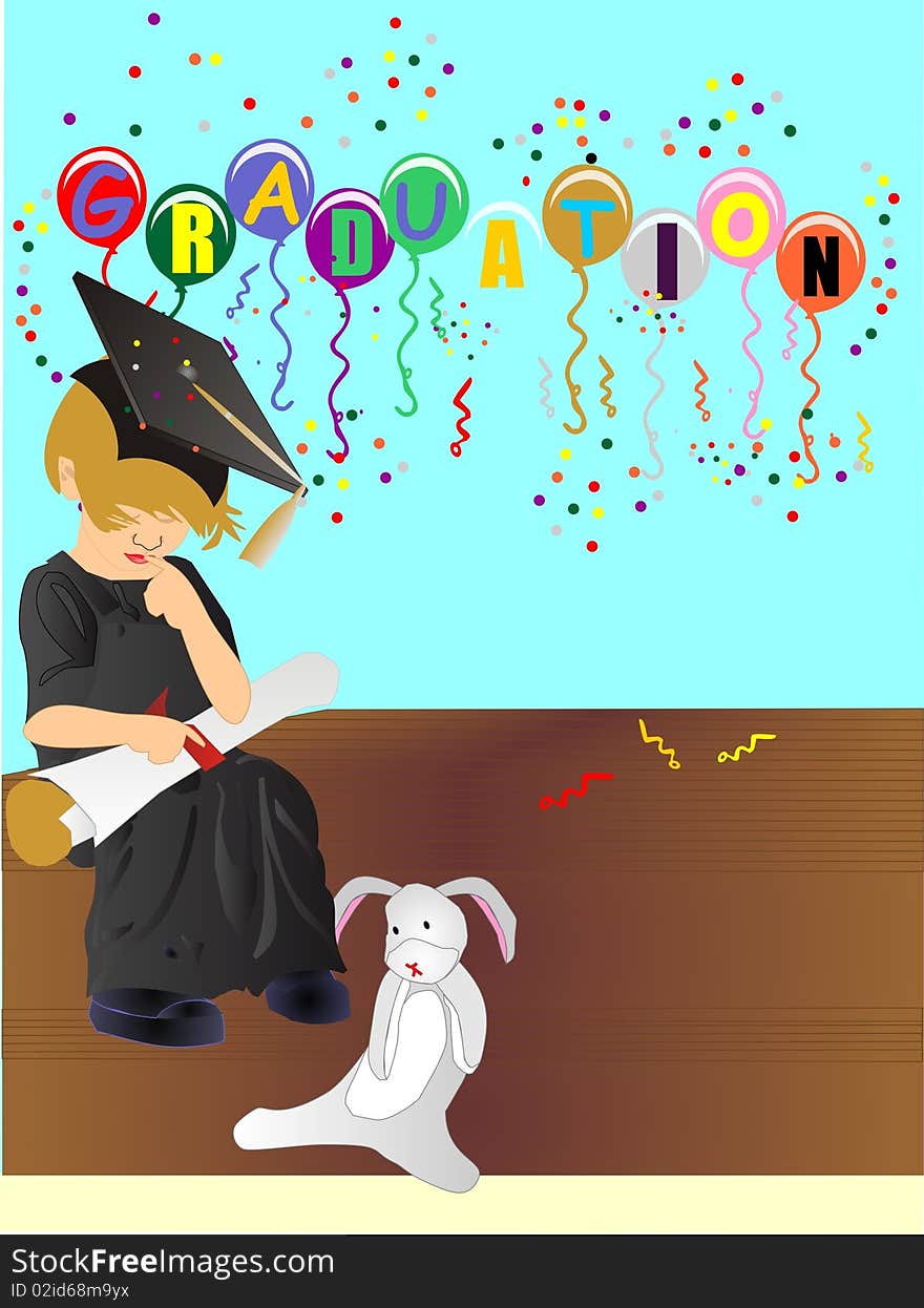 Child, sitting with the BIG diploma in hand, on the steps with the old stuffed rabbit. Balloons in the background of the celebrations. Child, sitting with the BIG diploma in hand, on the steps with the old stuffed rabbit. Balloons in the background of the celebrations...