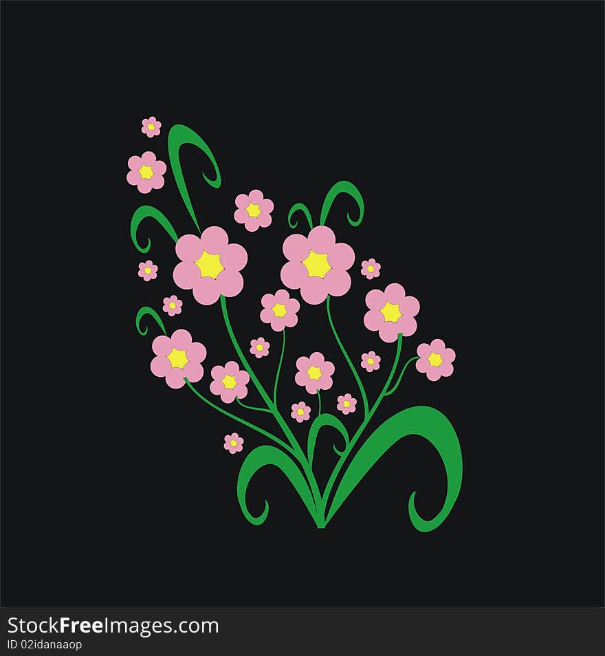 Pink flowers with leaves on a black background. Pink flowers with leaves on a black background