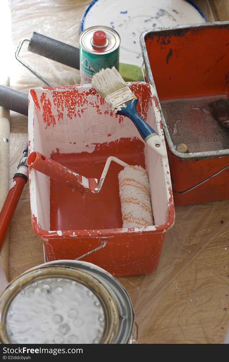 Bucket a, paintbrush and other tools for whitewash