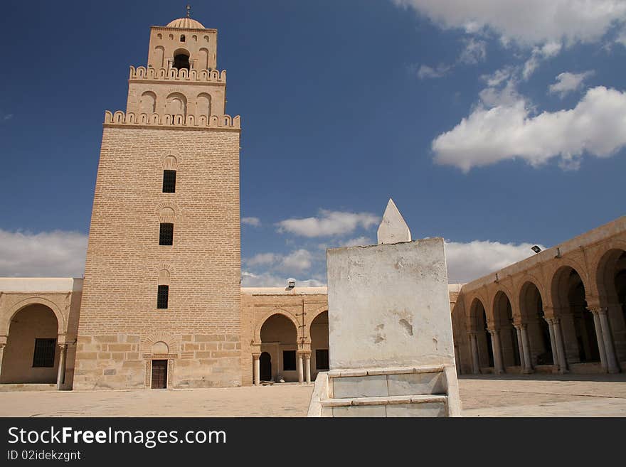 Tower in a center of court yard of a Great mosque in Kairuan in Tunisia in mediterranean Africa