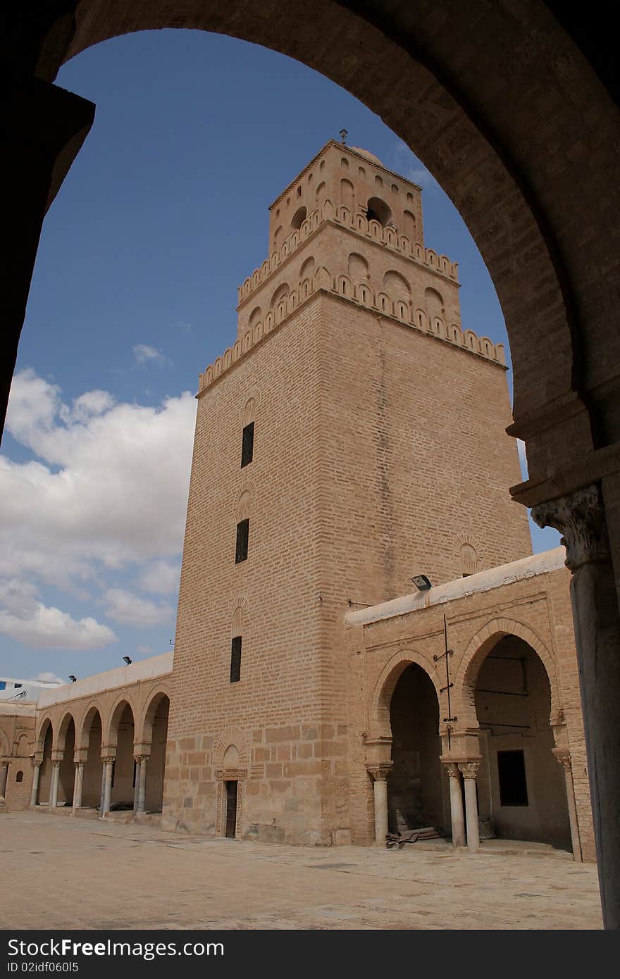 High tower from a court yard of the Great mosque in Kairuan in Tunisia in Africa