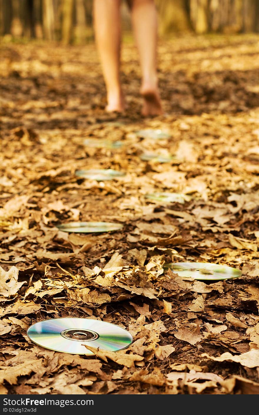 Woman s legs leaving audio discs on leaves