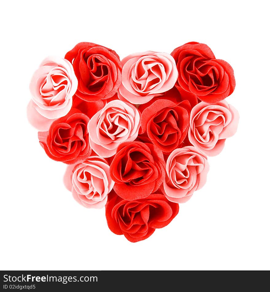 Heart of red and pink roses soap isolated over white