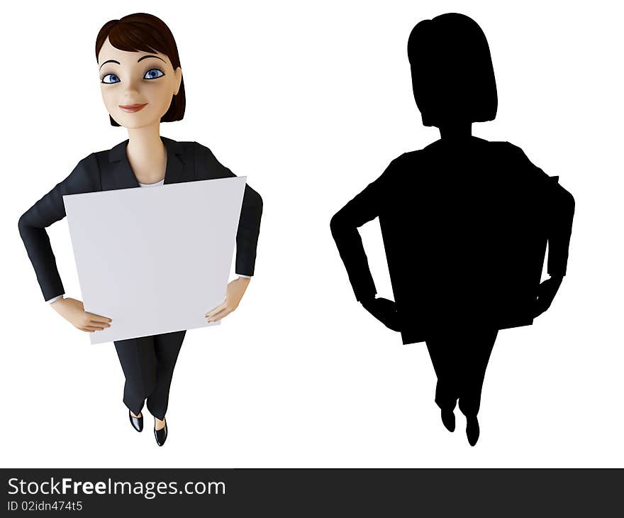 Businesswoman and panel on a white background with alpha mask. Businesswoman and panel on a white background with alpha mask