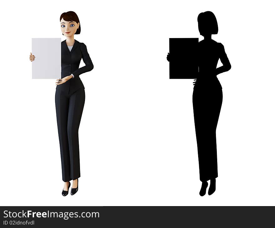 Businesswoman and panel on a white background with alpha mask. Businesswoman and panel on a white background with alpha mask