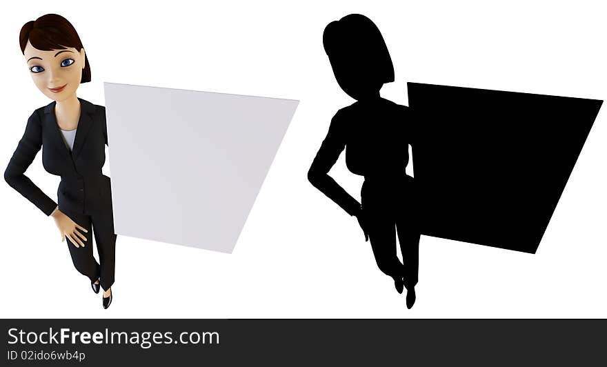 Businesswoman and panel on a white background with alpha mask. Businesswoman and panel on a white background with alpha mask