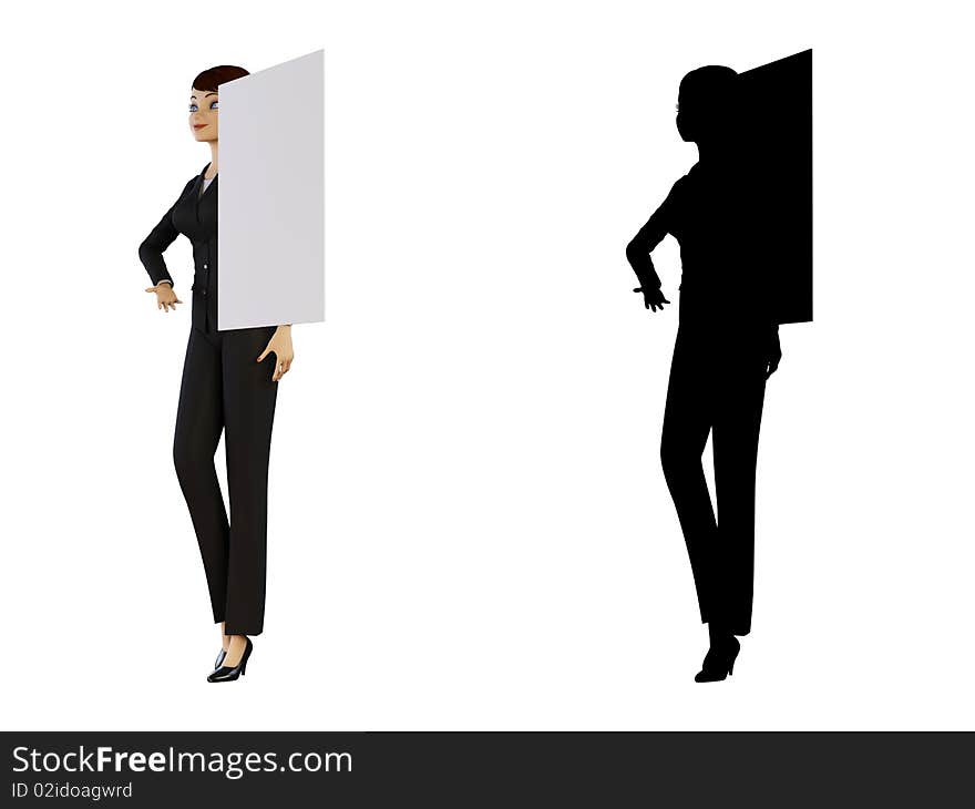 Businesswoman and panel on a white background with alpha mask. Businesswoman and panel on a white background with alpha mask