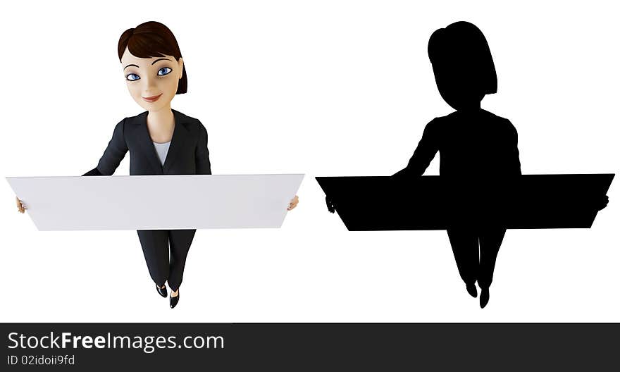 Businesswoman and panel on a white background with alpha mask. Businesswoman and panel on a white background with alpha mask