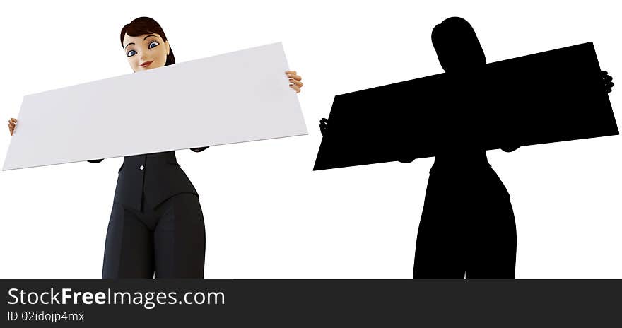 Businesswoman and panel on a white background with alpha mask. Businesswoman and panel on a white background with alpha mask