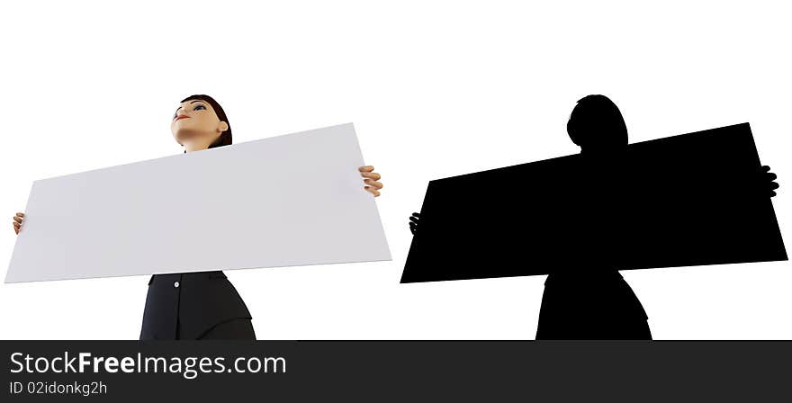 Businesswoman and panel on a white background with alpha mask. Businesswoman and panel on a white background with alpha mask