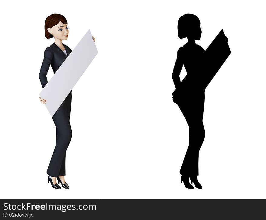 Businesswoman and panel on a white background with alpha mask. Businesswoman and panel on a white background with alpha mask