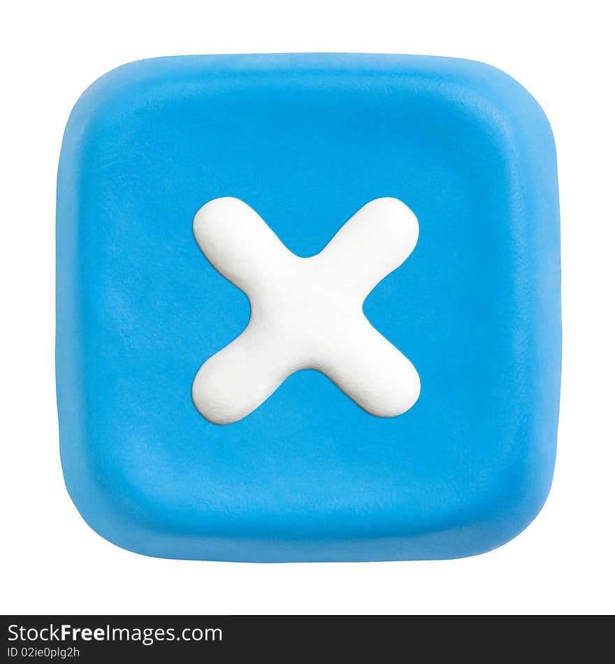 Original close button made of blue and white plasticine. Isolated. Clipping paths separately for button and icon. Original close button made of blue and white plasticine. Isolated. Clipping paths separately for button and icon