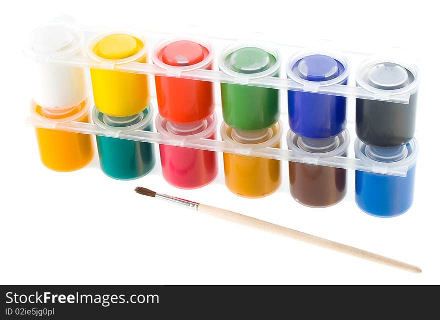 Multicolored set of gouache painting with brush, isolated on white