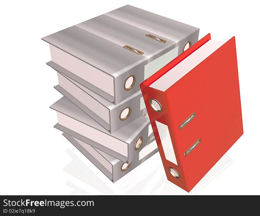 Red and grey books, white reflective background.