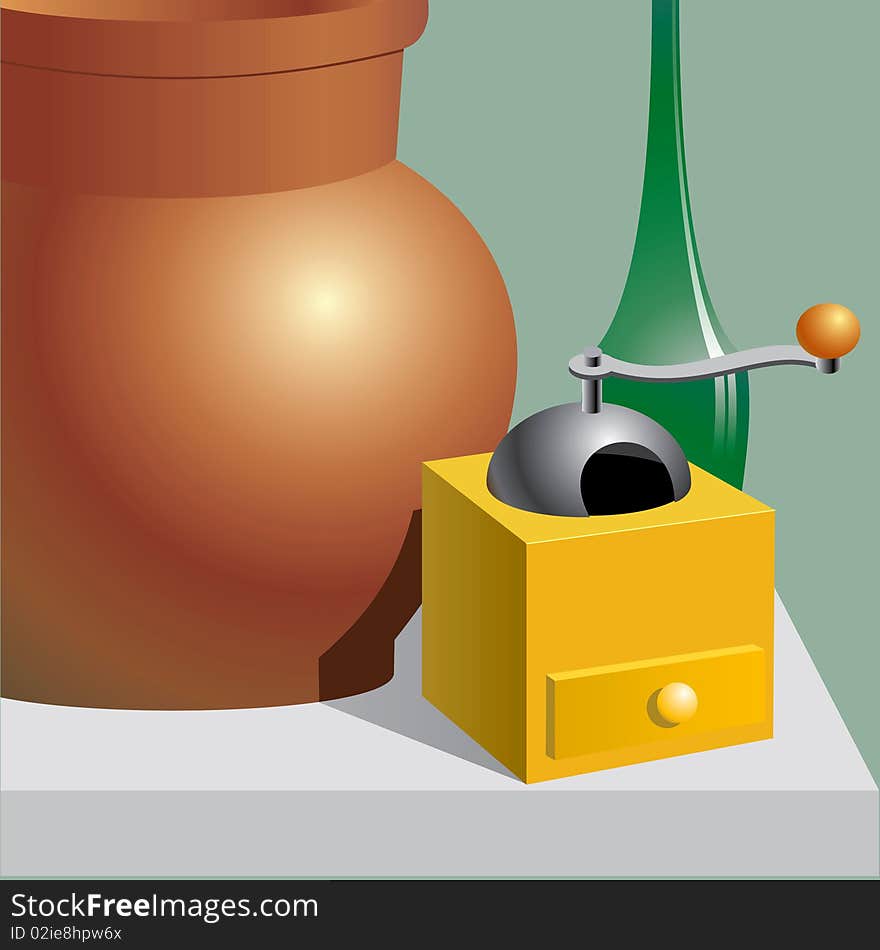 Still life with brown pot, old-fashioned coffee mill and green bottle,. Still life with brown pot, old-fashioned coffee mill and green bottle,