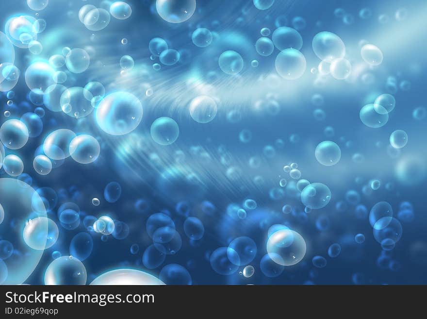 Bubbles in the blue water, abstract background