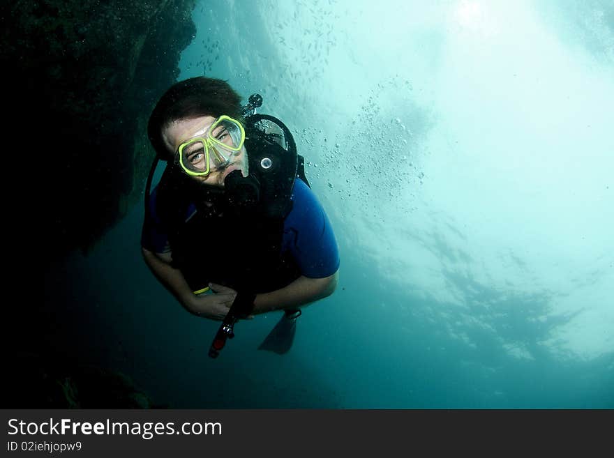 Scuba diver portrait swimming in sea