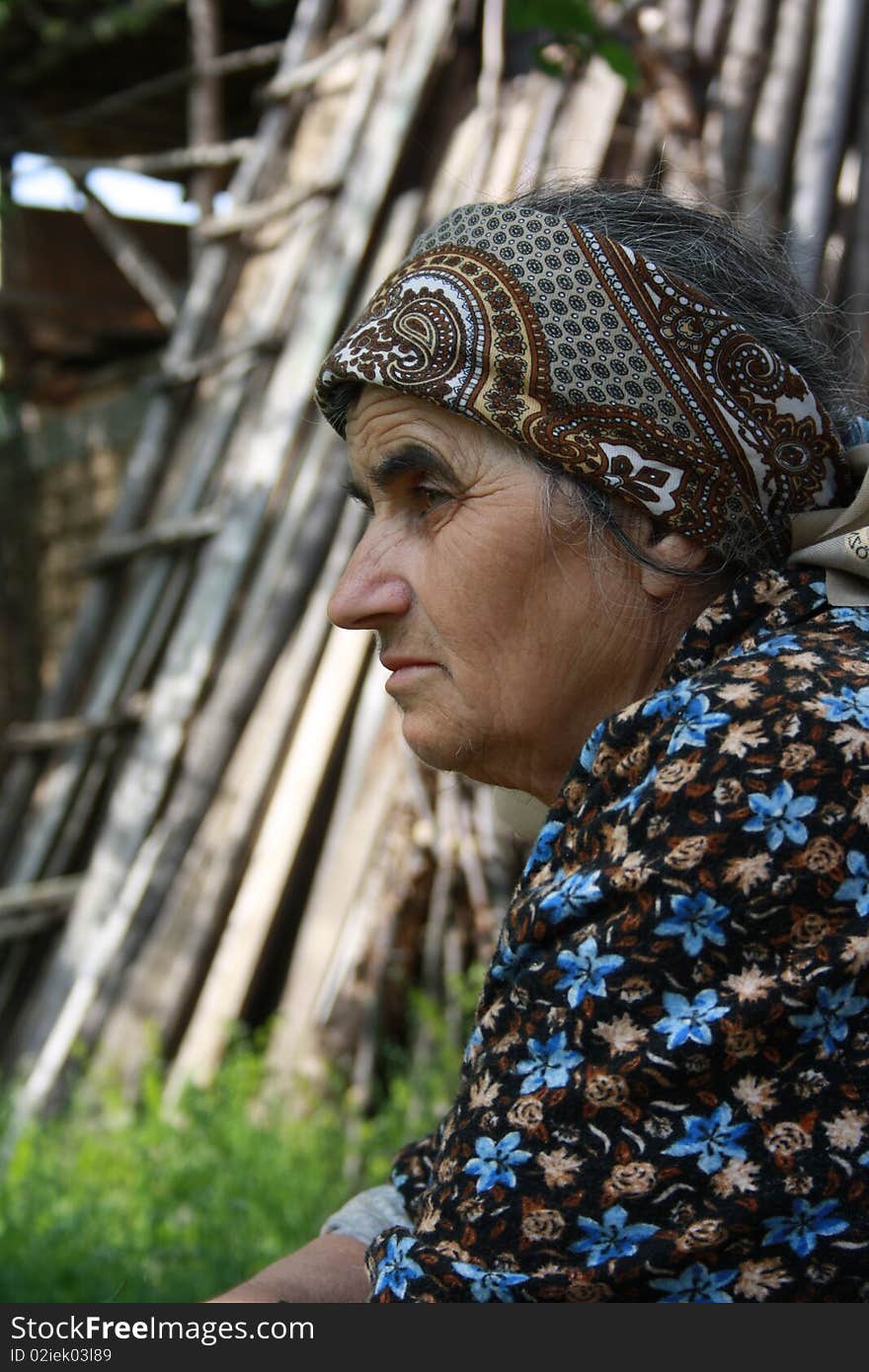 Granny in the garden on a gray background