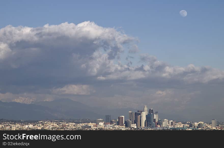 Stormy sky and wolfmoon over downtown Los Angeles