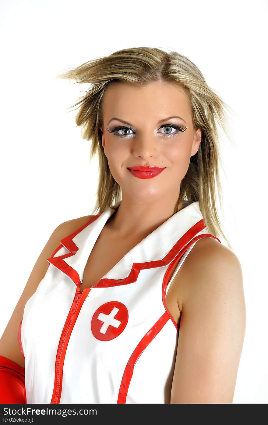 Young beautiful doctor in uniform . white background. Young beautiful doctor in uniform . white background